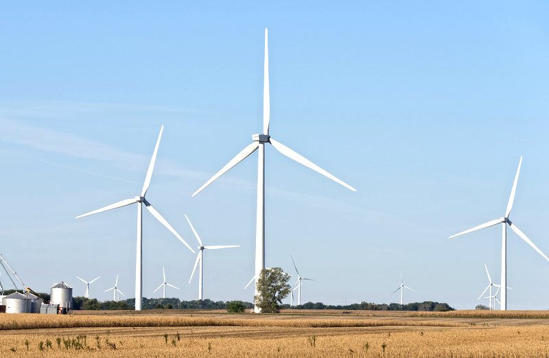 wind turbines in farm field